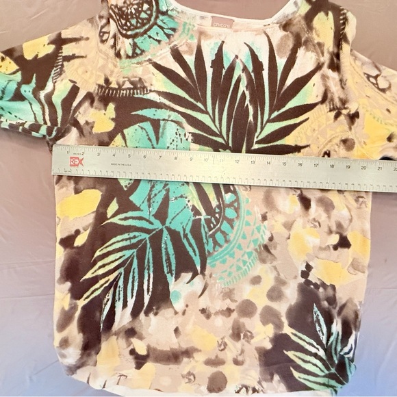 Chico's Cream/Brown/Teal Palm Print 3/4 Sleeve Lightweight Sweater Size 2/Large - Picture 7 of 10
